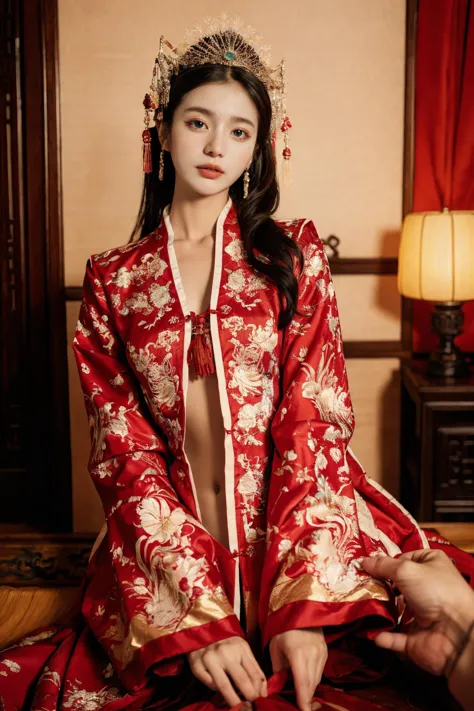 a woman in a red dress sitting on a bed with a red curtain