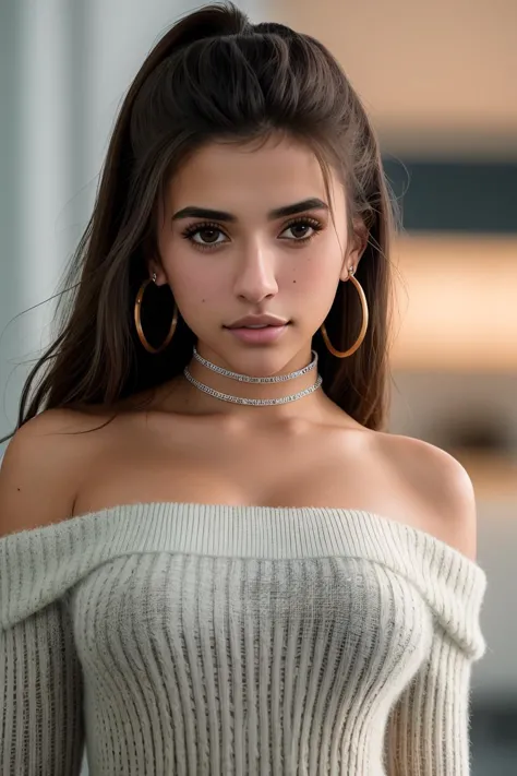 photo of beautiful young (cr1styren:0.99), a woman, (sweater off-shoulders:1.2), (choker), in a department store, natural light,...