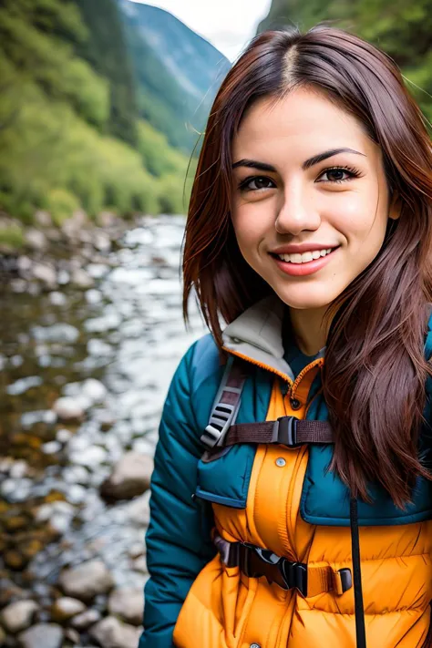 ((selfie)) photo of (d3laia:0.99), smiling, outdoors, mountains, wearing a backpack, sweater, and hiking jacket, rocks, river, w...