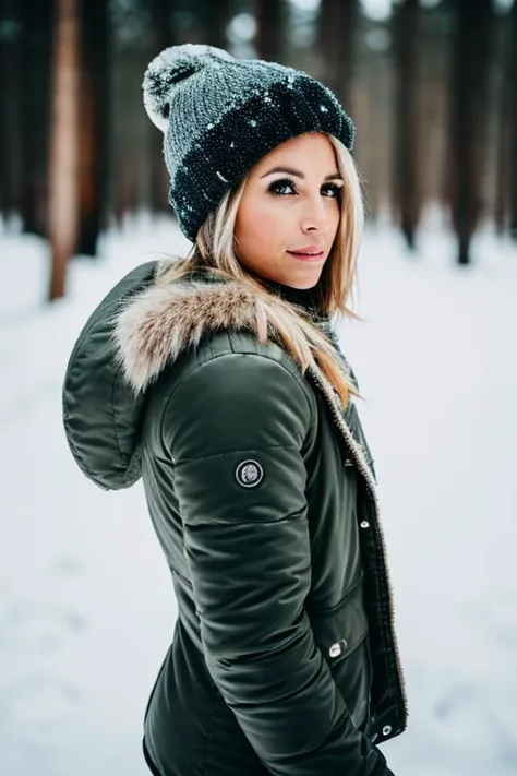 perfect eyes photo of 30 year old girl infur jacket standing in snowy tundra, full body wide, bubble butt, ass, <lora:povDoggyAn...