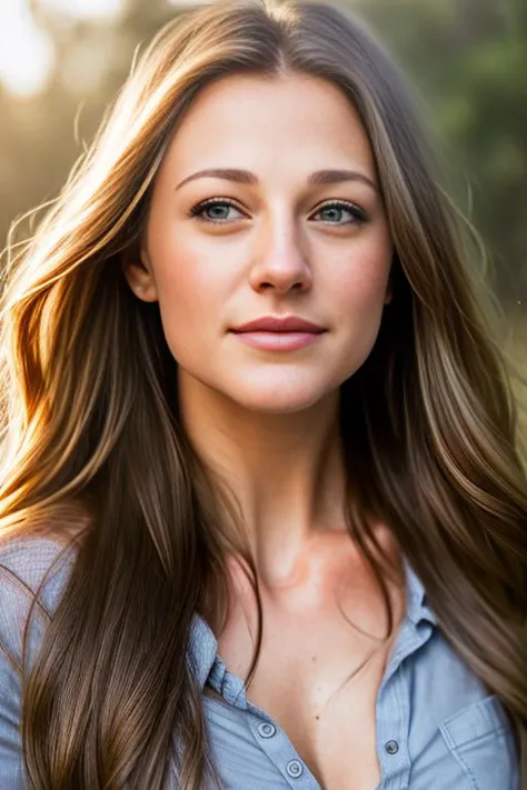 close portrait of MarileeSD15 looking directly into the camera and wearing a loose blue button_down collared shirt with cleavage...