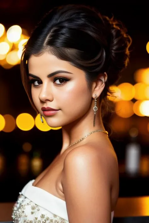 selenagomez, portrait photo of beautiful woman hair updo upsweep nightclub sitting at bar (masterpiece) (best quality) (detailed...