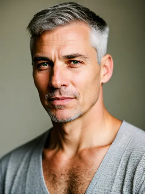 full frame, Close portrait, cute, male model, active White male, tan wrinkled skin, gray undercut hair, yellow-green eyes, (skin texture), skin pores, shallow depth of field, sharp eye focus, backlit