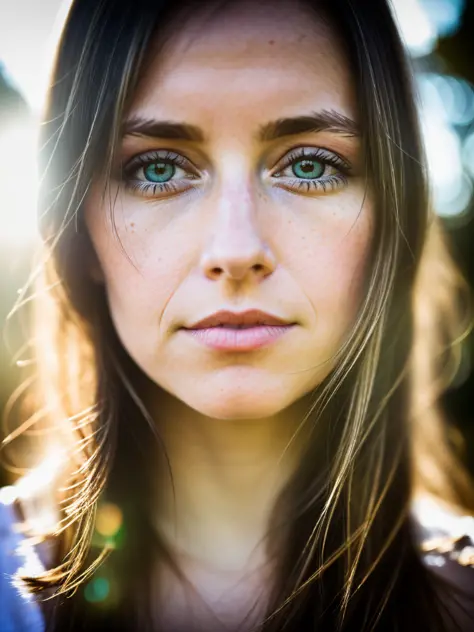 Bokeh, raw, ((streaked sunlight over face)), close portrait, (extreme skin details), skinny (30yo Scottish woman), ultra realistic, rule of thirds, dramatic overhead lighting, detailed face, cute, shallow depth of field, intricate details, god rays, light leaks