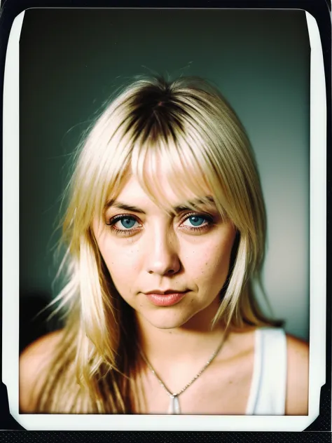 (polaroid), solo mid shot portrait photo of 18yo Taylor Momsen , office fantasy background, charming smirking, by James Gilleard...