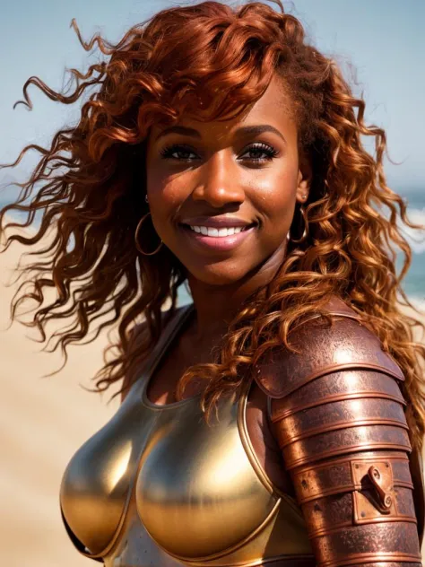  Photo, Raw, [bokeh], shallow DOF, sharp eyes focus , redhead, thicc body, full body shot, alone, ((30 year old black woman )), (((ultra realistic detailed eyes))), intricate eye details, cute smile, sweaty, wearing medieval copper plate armor , model shoo...