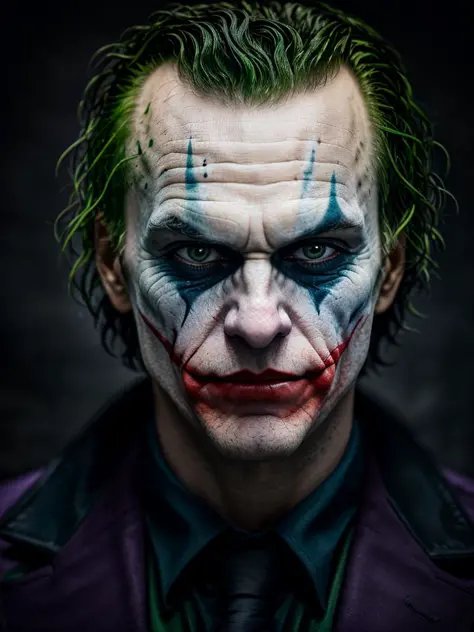 dark and gloomy, hyper realism, 8k, a close up photo of the joker , perfect eyes, lifelike texture, dynamic composition, Fujifilm XT2, 85mm F1.2, 1/80 shutter speed, (bokeh), high contrast, gotham city background