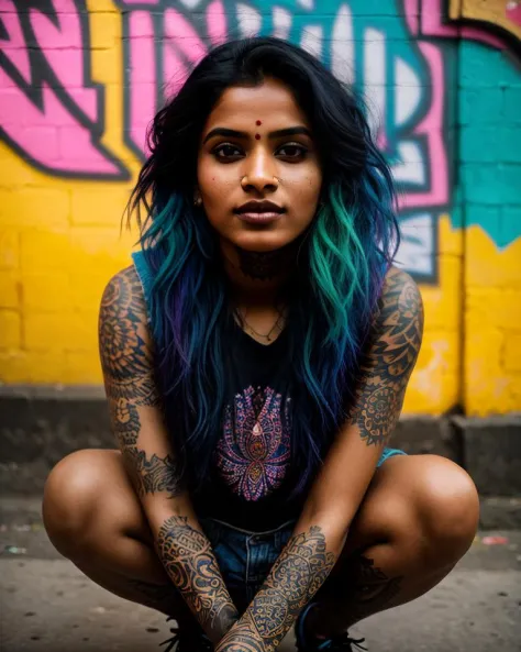 indian woman, close up, tattooed street style icon, squatting, drenched in rebellious energy, wearing oversized flannel shirt, v...
