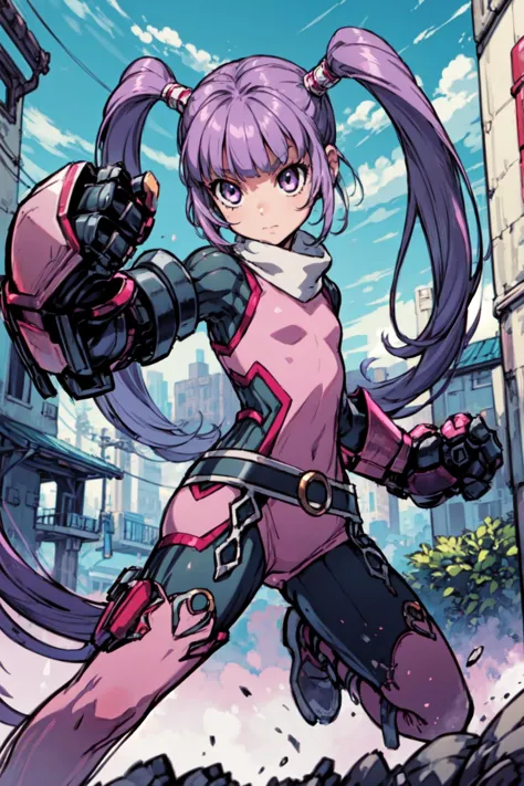 1girl, small girl, solo, <lora:Sophie_TalesOf:0.9>, Sophie_TalesOf, purple hair, long twintails, flat chest, pink bodysuit, outdoors, dynamic pose, fighting stance, <lora:add_detail:0.5>, <lora:mecha_gauntlets_v11:0.4>, oversized mechanical gauntlets,