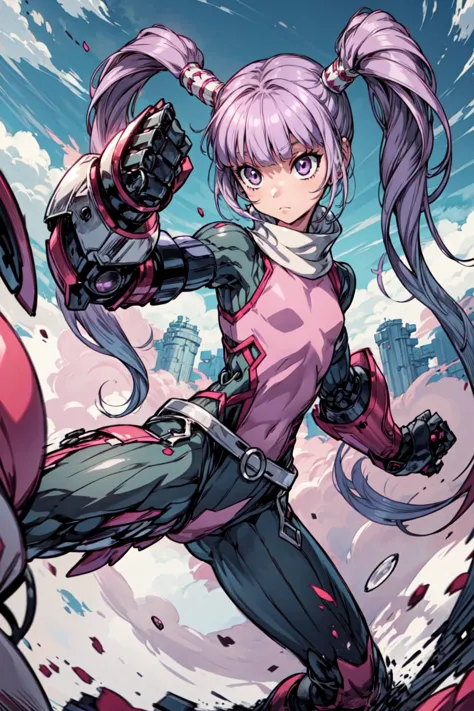 1girl, small girl, solo, <lora:Sophie_TalesOf:0.9>, Sophie_TalesOf, purple hair, long twintails, flat chest, pink bodysuit, outdoors, medieval, dynamic pose, fighting stance, <lora:add_detail:0.7>, <lora:mecha_gauntlets_v11:0.4>, oversized mechanical gauntlets,