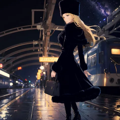 masterpiece,  High resolution, 4K, high detail, High quality, high detailed background, photorealistic, backlighting,  midnight, galaxy express 999, galaxy image, stary sky,
1girl,  at railway station, looking other, (profile:0.7)
black eyes, small breasts,(closed eyes:0.3) , pee trail, full body, travel bag, 
maetel, long hair, blonde hair, fur trim, black headwear, fur hat, dress long boots  black,  