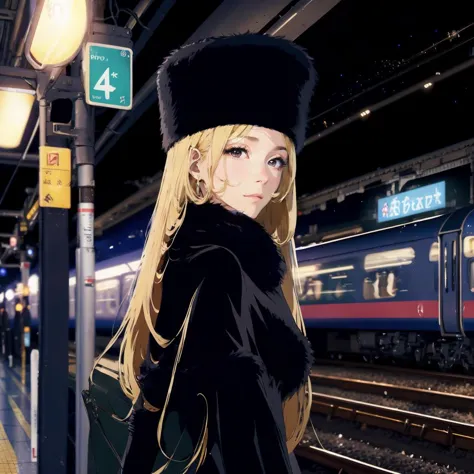 masterpiece,  High resolution, 4K, high detail, High quality, high detailed background, photorealistic, backlighting,  midnight, galaxy express 999, galaxy image, stary sky, railway to the galaxy,
1girl,  at train station, looking other, (profile:0.5), with train conductor,
black eyes, small breasts,(closed eyes:0.3) travel bag, upper body, 
maetel, long hair, blonde hair, fur trim, black headwear, fur hat, dress long boots  black,  