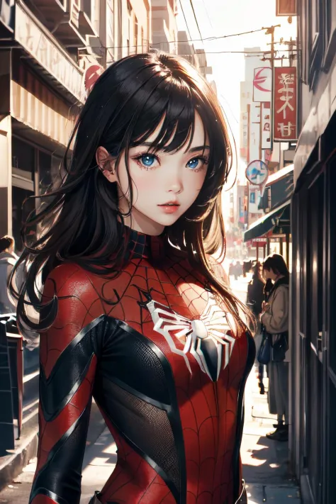 1girl, (masterpiece:1.2), highres, high quality, (perfect face and eyes:1.2), (textured skin:1.2), spider girl, sexy, city, spid...