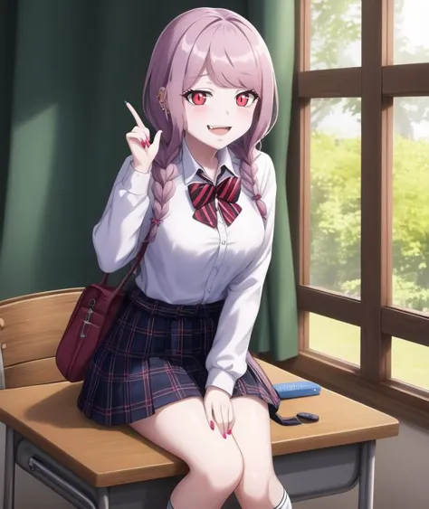 anime girl sitting on a desk with a purse and cell phone