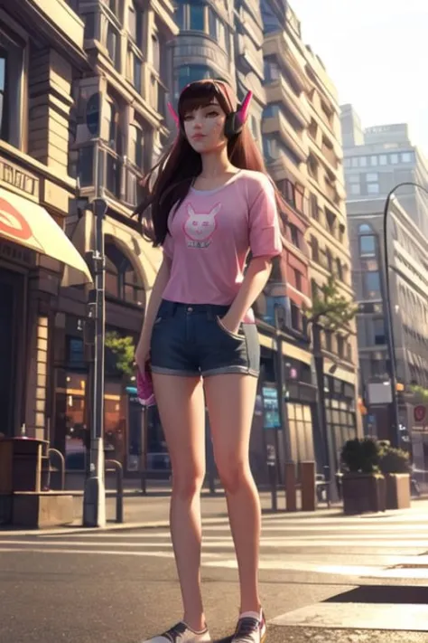 d.va, casual clothes, city street, day, sunlight, <lora:dVaOverwatchLORA_v1:0.7>, best quality