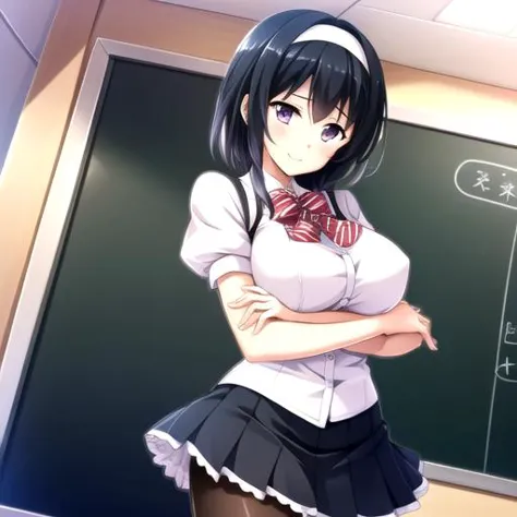 anime girl in school uniform standing in front of a blackboard