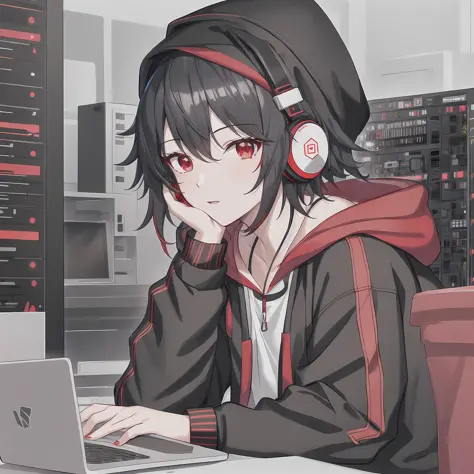 (((guy))), male, dude, (using a laptop), (((in a server room))), highly detailed, trending on artstation, listening to music, red headphones, black hoodie, beanie, programming, (red eyes), ((red and black color pallet)), (very short black hair with red hig...