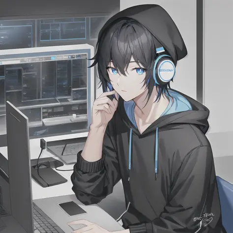 black haired guy, using a laptop, in a server room, highly detailed, trending on artstation, listening to music, blue headphones...