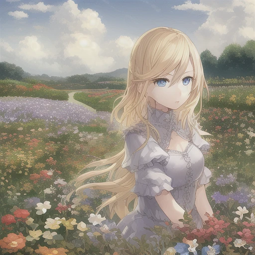 1 garota, cabelo loiro, olhos azuis, olhos lindos, detalhe, prado de flores, nuvens cumulonimbus, iluminação, detalheed sky, jardim
