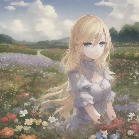 1girl, blonde hair, blue eyes, beautiful eyes, detail, flower meadow, cumulonimbus clouds, lighting, detailed sky, garden