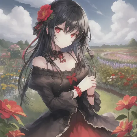 1girl, black hair, red eyes, beautiful eyes, detail, flower meadow, cumulonimbus clouds, lighting, detailed sky, garden
