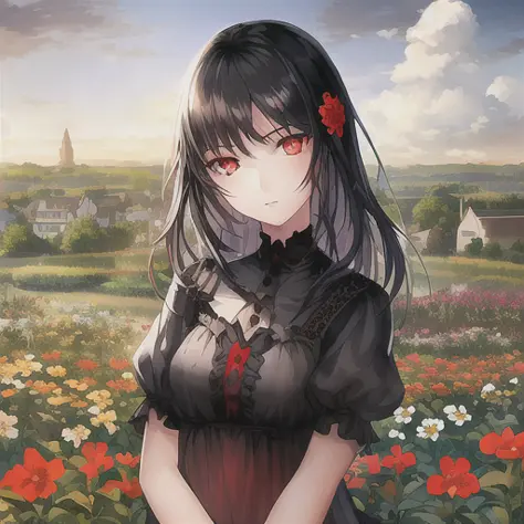 1girl, black hair, red eyes, beautiful eyes, detail, flower meadow, cumulonimbus clouds, lighting, detailed sky, garden