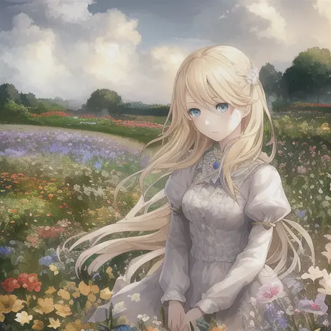 1girl, blonde hair, blue eyes, beautiful eyes, detail, flower meadow, cumulonimbus clouds, lighting, detailed sky, garden