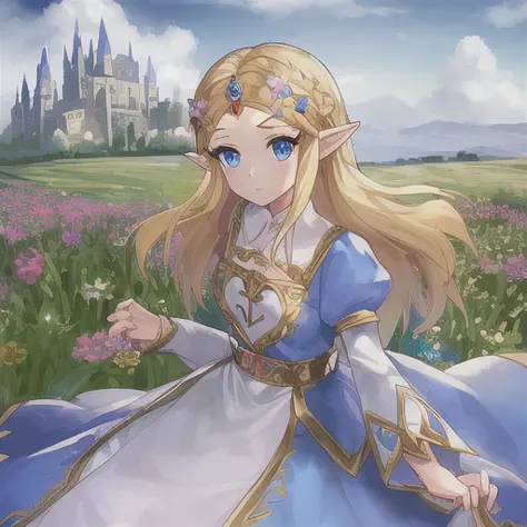 1girl, Princess Zelda, blonde hair, blue eyes, beautiful eyes, ornate clothing, crown, detail, flower meadow, cumulonimbus clouds, castle, lighting, detailed sky, garden