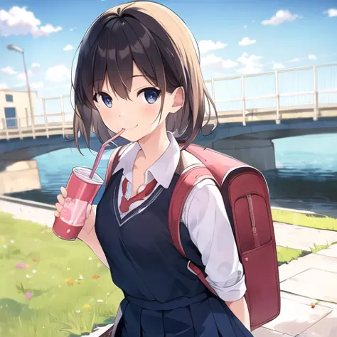 ((masterpiece)), (best quality), 1girl, walking home, drinking from straw, alone, school uniform, bridge, grass, sunny, little backpack, focused, close angle, grabbing, smile, detailed,