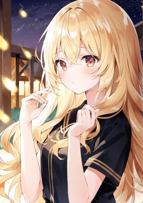 1girl, blonde hair, wavy hair, sad, ancient greece, warm colors, night, warm colors, fireflies, shooting stars, lens flare, masterpiece, best quality, high quality, multicolored eyes