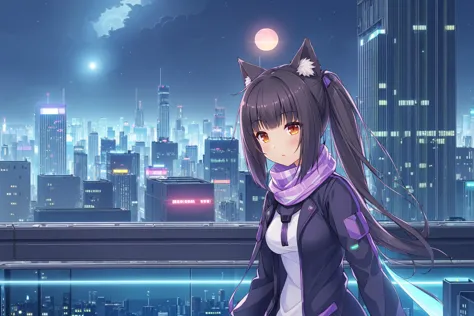 a woman in a purple outfit standing on a rooftop with a city in the background