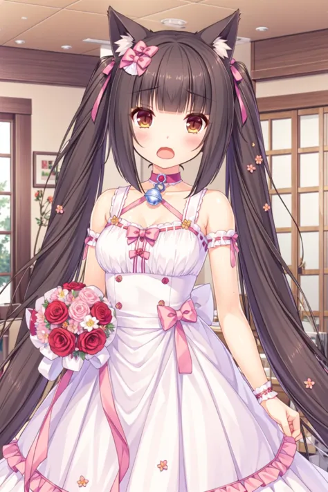 <lora:super-choko-Gnsurh-v1:0.85>,1girl, animal ears, solo, long hair, flower, dress, cat ears, twintails, bell, bouquet, open mouth, looking at viewer, white dress, very long hair, brown eyes, animal ear fluff, holding, cat girl, bangs, holding bouquet, blush, rose, indoors, neck bell, brown hair, breasts, ribbon, collar, small breasts, bow, wedding dress, sleeveless dress, hair ribbon, blunt bangs, bare shoulders, pink bow, red flower,hand_flower