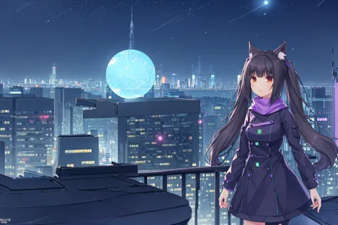 anime girl standing on a rooftop overlooking a city at night