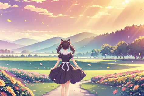 anime girl walking down a path in a field with flowers