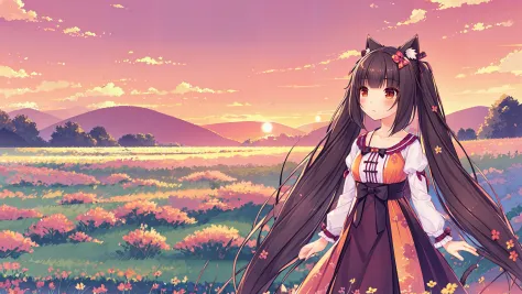 <lora:super-choko-Gnsurh-v1:0.8>,1girl, (brown_hair:1.3), (fashionable_dress:1.4), (sunset:2.0), (blooming_flowers:1.5), (aesthetic_scenery:1.8), (colorful_sky:2.0), (silhouette:1.2), (looking_away:1.1), (field_of_flowers:2.0), (hair_flowing_in_wind:1.3),  (ethereal_beauty:1.6), (graceful:1.2), (illustration:1.2), (cinematic_composition:1.4), (high_definition:2.0), (8k_resolution:1.8), (cat_ears:1.1), (cat_tail: 1.1), (highly_detailed:1.6),choko,xiangcao, brown eyes, 1girl, animal ears, tail, cat ears, cat tail, brown eyes, long hair, solo,  twintails, ribbon, very long hair, black hair, bow,  blush, hair ribbon, low twintails, hair bow, sunset,light sun,1girl, animal ears, 1girl,