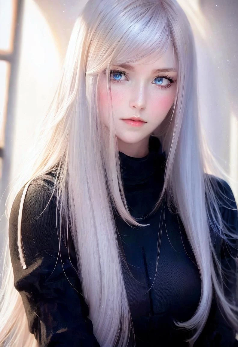 yorha type a no. 2  1 girl, solo, upper body, looking at viewer, solo, blue eyes, white background, large breasts, very long hair, blue eyes, white hair, robot joints, android,