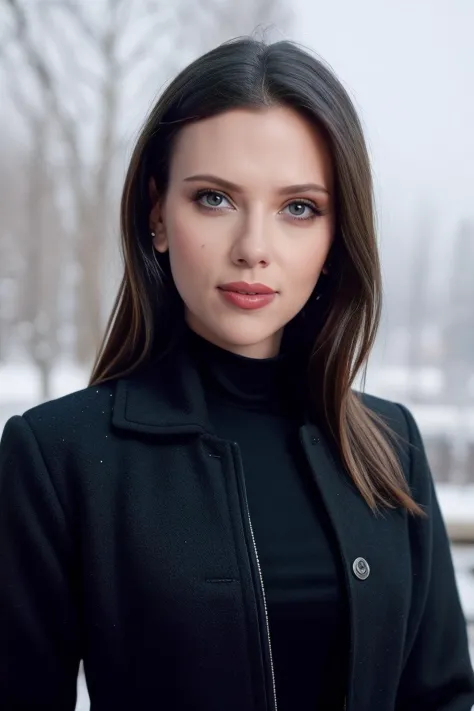 a close up of a woman in a black jacket and a tree