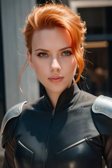 a woman with red hair and a black leather jacket