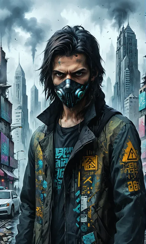 a Corporate hacker with encrypted access codes at a Dystopian cityscape with massive pollution, ultra-fine digital painting, <lora:xl_more_art-full_v1:0.3>,   <lora:Dark_Novel:0.7>, <lora:Graffiti_SDXL:0.5> ais-graffiti