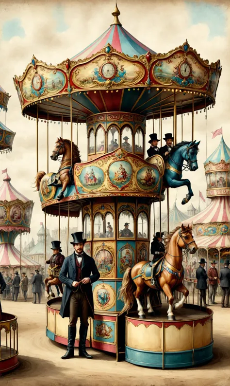 a custom/characters/victorian at a Victorian fairground with carousel and games, ultra-fine digital painting, <lora:xl_more_art-full_v1:0.3>,   <lora:ParchartXL-1.5:0.7> on parchment, ink illustration, <lora:Graffiti_SDXL:0.5> ais-graffiti