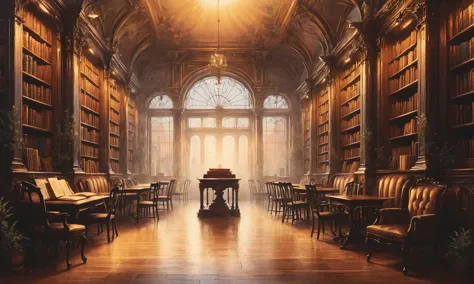 Beautiful detailed digital illustration of a Victorian library with rolling bookshelves <lora:Desolation:0.7>, <lora:Graffiti_SDXL:0.5> ais-graffiti , Golden hour