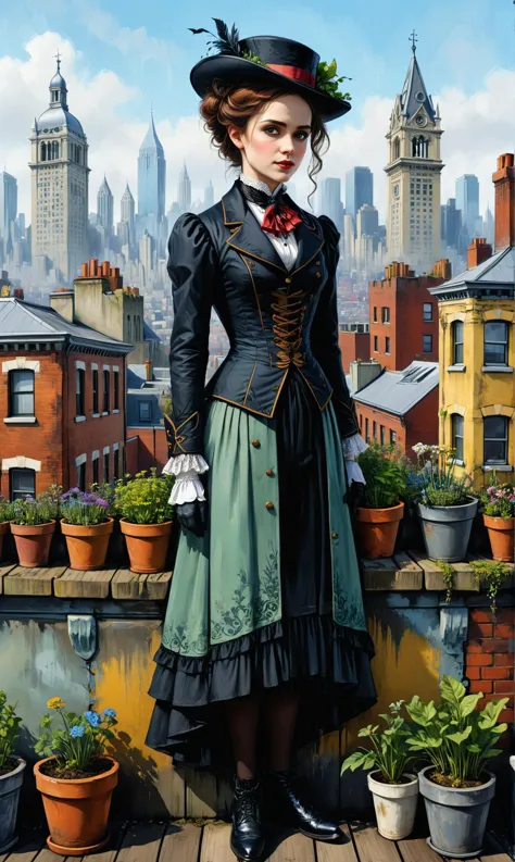 a custom/characters/victorian at a Rooftop garden overlooking the city, ultra-fine digital painting, <lora:xl_more_art-full_v1:0...