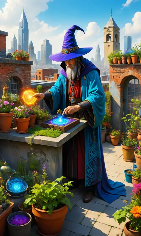 a Time-traveling sorcerer with mysterious artifacts at a Rooftop garden overlooking the city, ultra-fine digital painting, <lora...
