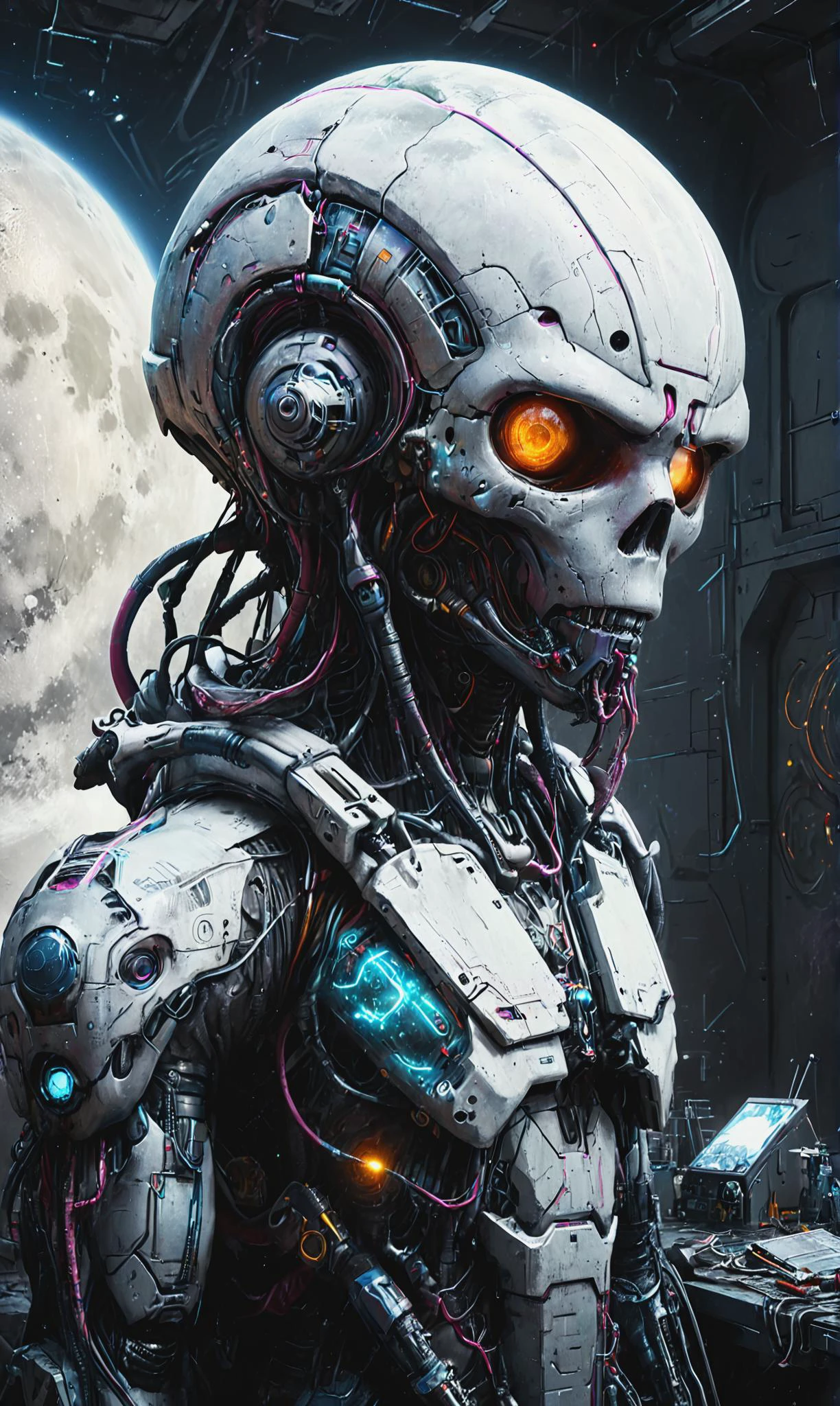 Retrato digital detallado de un cyborg biopunkai en un centro de investigación lunar descubriendo artefactos extraterrestres, ais-graffiti, iluminación global,  