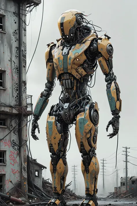 a close up of a robot standing on a city street