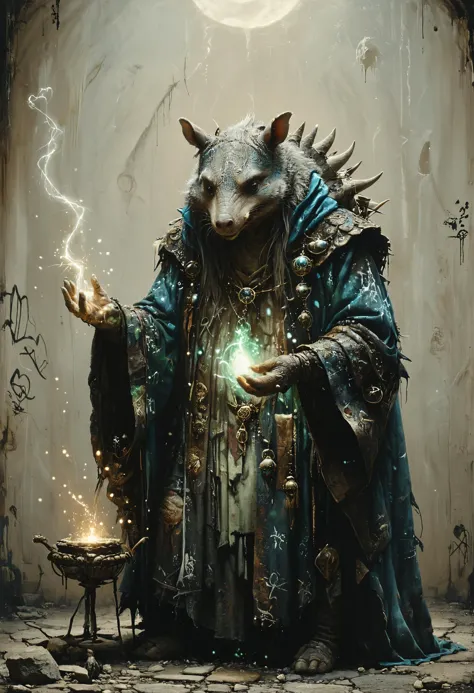 anthropomorphic Armadillo warlock casting a spell, <lora:Melting_world:0.8>, <lora:great_lighting:0.8> great lighting, glow in t...