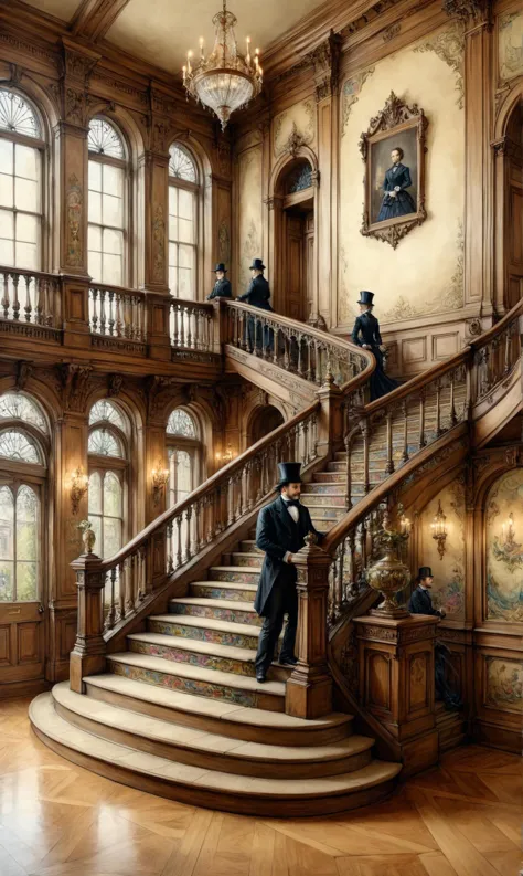 a custom/characters/victorian at a Grand staircase in a stately mansion, ultra-fine digital painting, <lora:xl_more_art-full_v1:0.3>,   <lora:ParchartXL-1.5:0.7> on parchment, ink illustration, <lora:Graffiti_SDXL:0.5> ais-graffiti