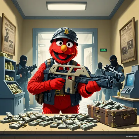 a cartoon character holding a gun in a room with other characters