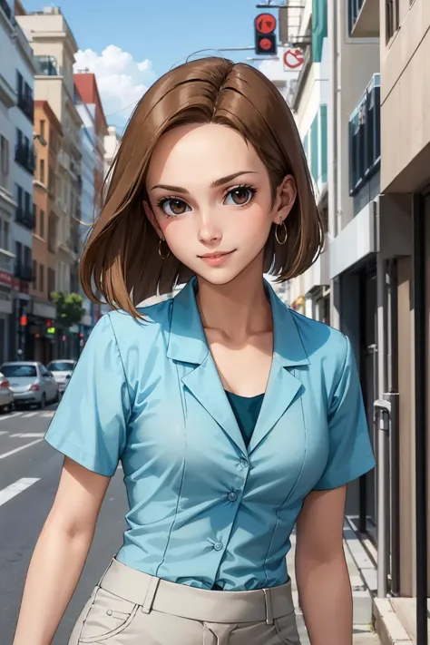 a woman in a blue shirt and gray pants walking down a street