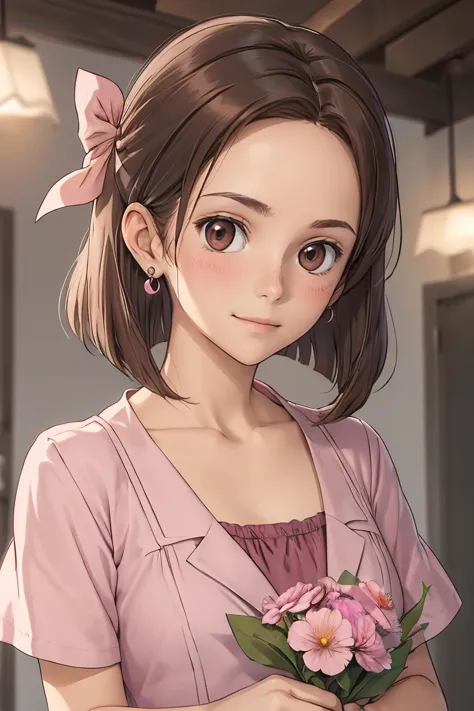 anime girl with pink dress holding a flower in her hand